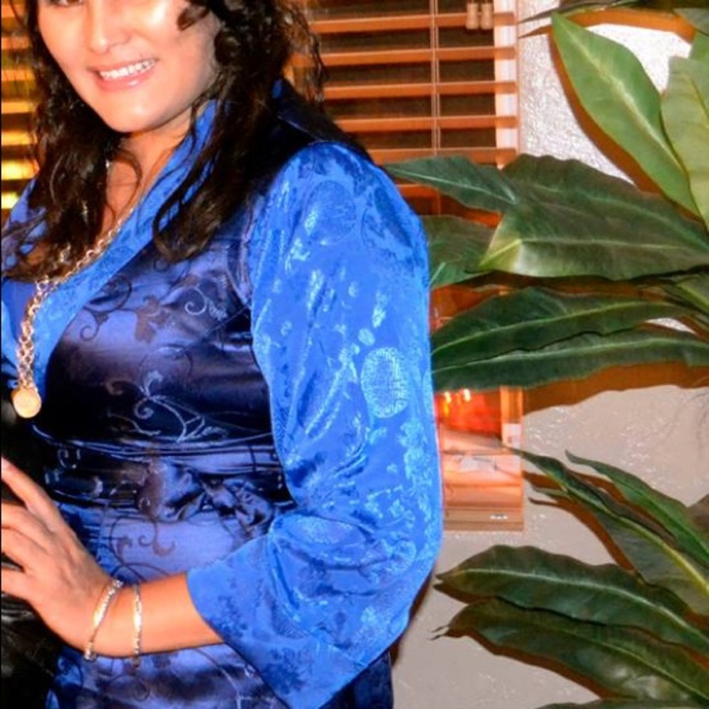 Blue silk bakhkhu Sherpa dress from Nepal